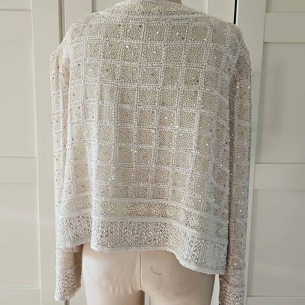 Vintage Cream Beaded Sequin Jacket Pearl Bridal Mob Wife Aesthetic Evening Top - Picture 4 of 5